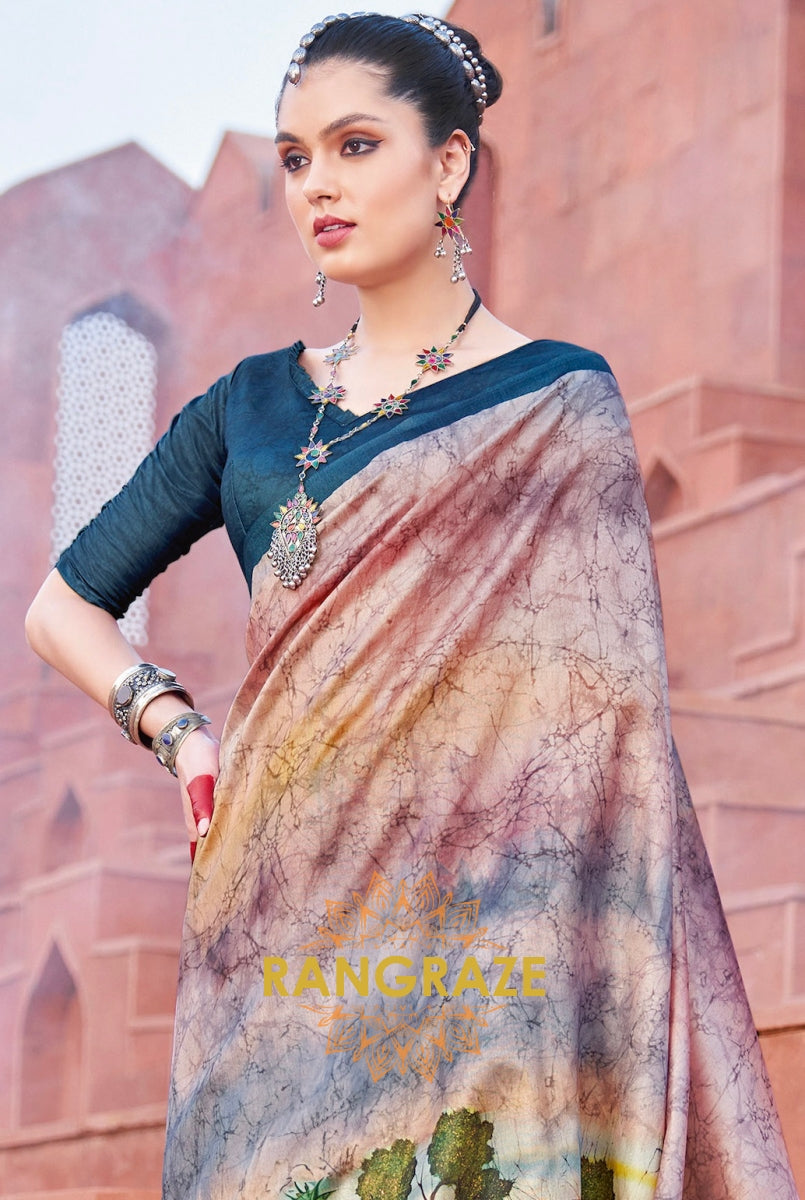 Brown Black Tusser Silk Multi Shade Printed Saree