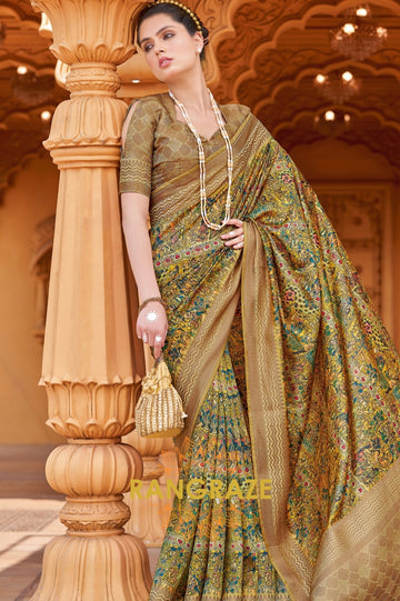 Yellow Green Bamboo Silk Weaving Printed Saree