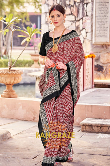 Ethereal Black Maroon Bhagalpuri Silk Printed Saree