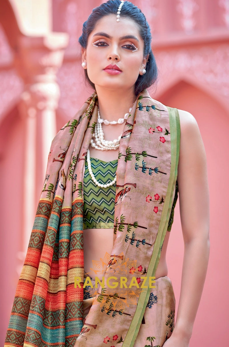 Regal Rose Pink Pure Banarasi Silk Printed Designer Saree