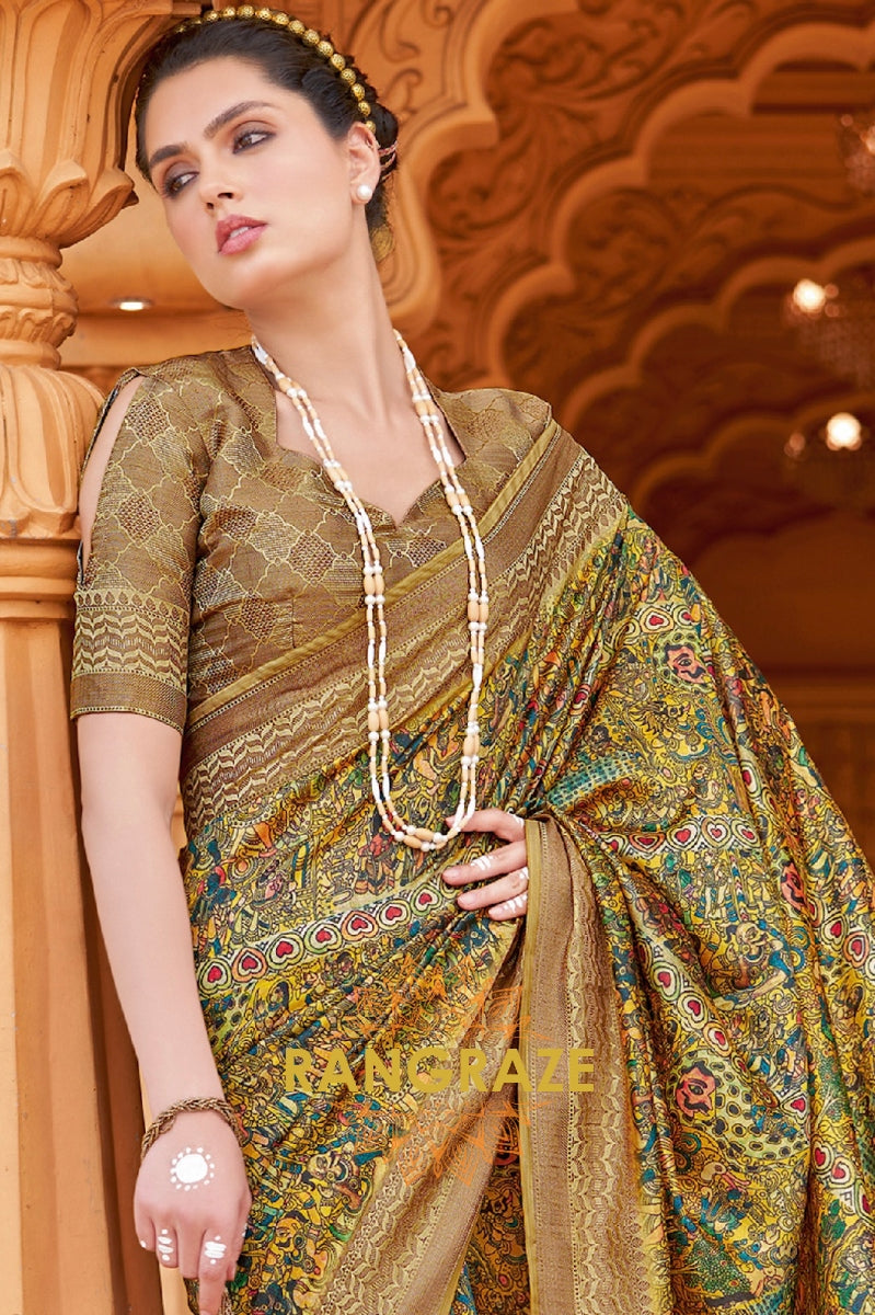 Yellow Green Bamboo Silk Weaving Printed Saree