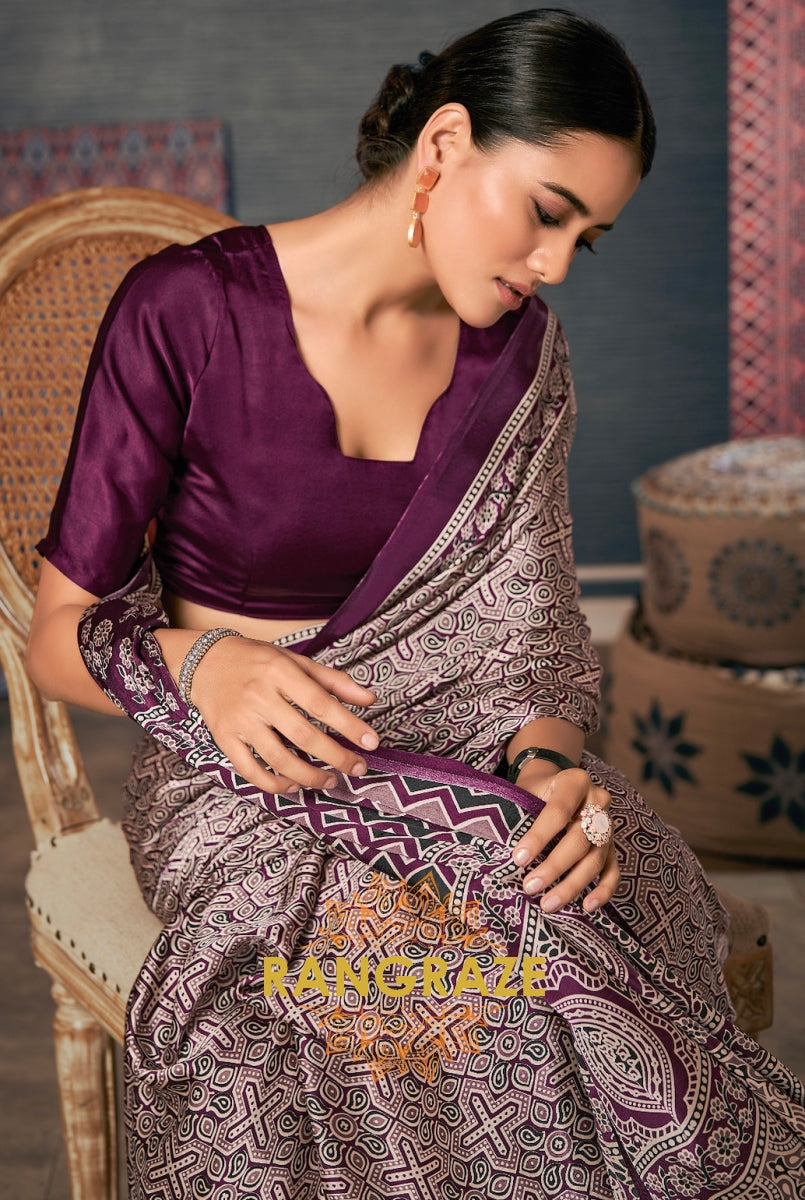 Majestic Rich Wine Purple Satin Silk Ajrakh Print Saree