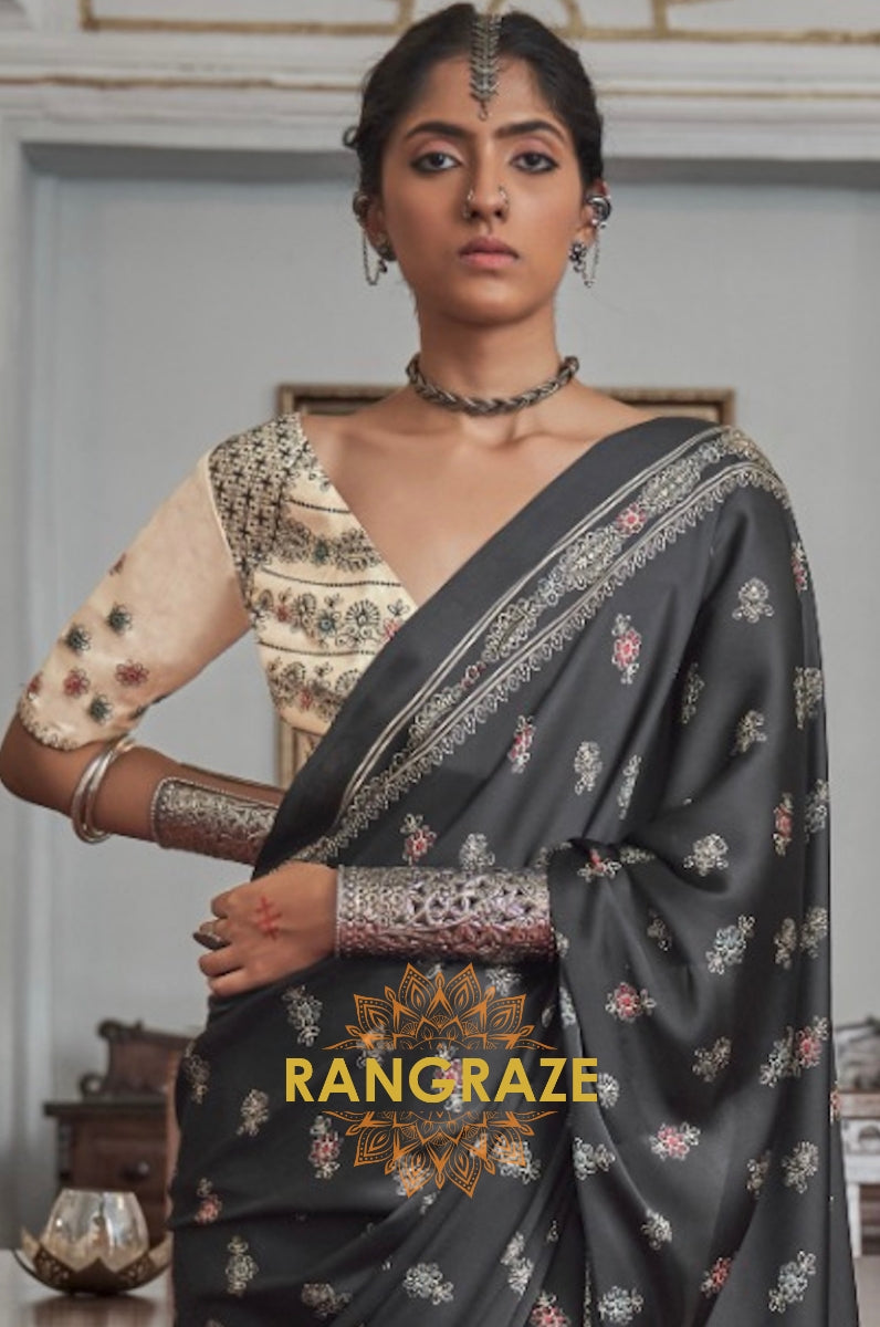 Majestic Black Gajji Silk Printed Designer Saree