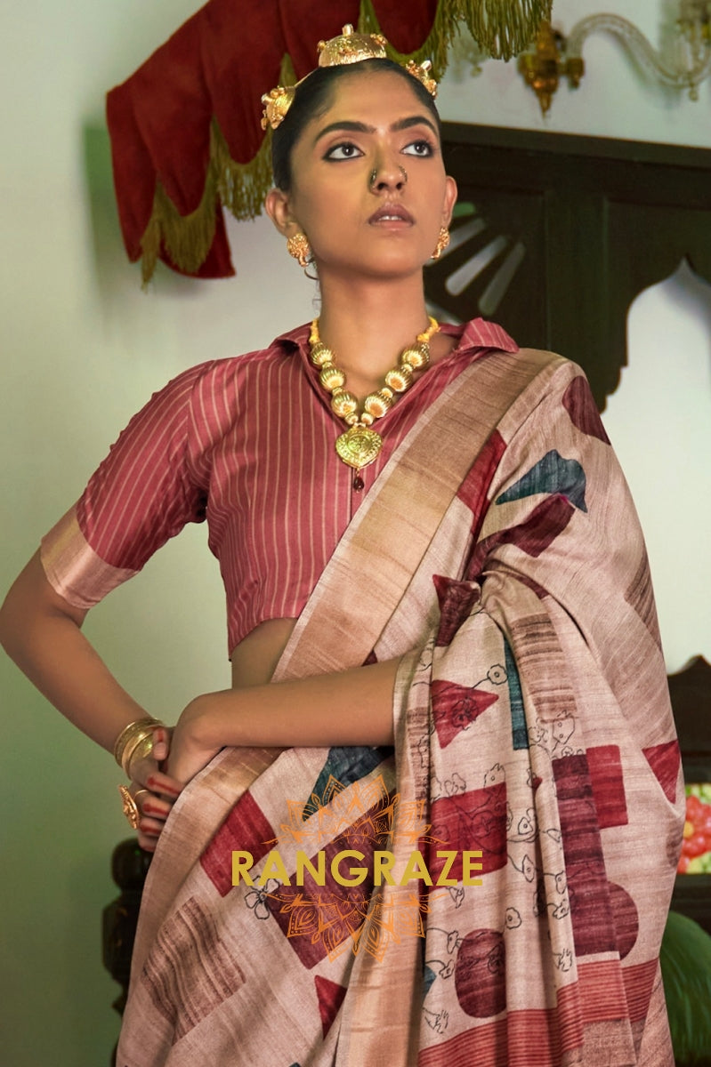 Caramel Brown And Maroon Printed Designer Silk Saree