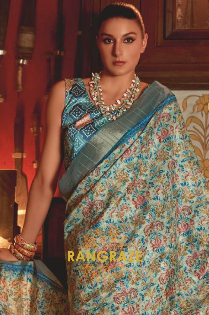 Turquoise Blue Multi Shade Kotha Zari Printed Saree