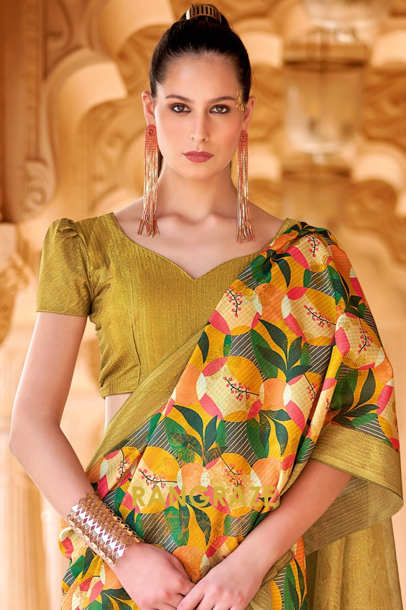 Golden Cotton Satin Silk Printed Saree