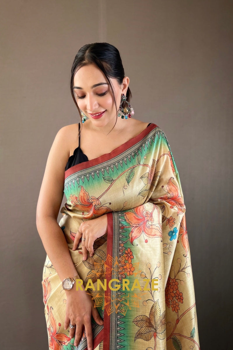 Yellow Multi Shade Digital Kalamkari Printed Saree