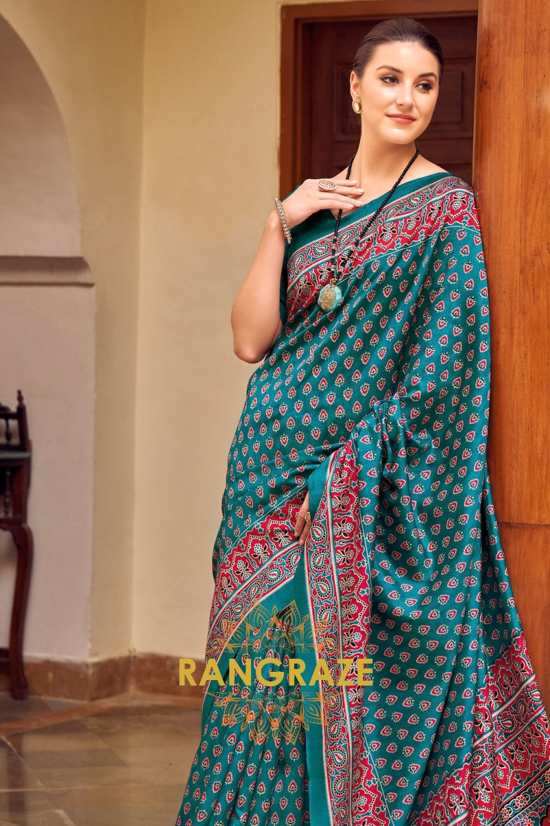 Elegant Turquoise Green Bhagalpuri Silk Printed Saree