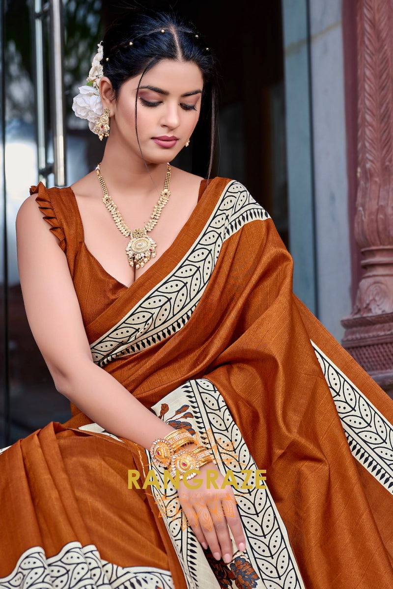 Luxurious Brown Bhagalpuri Silk Printed Saree