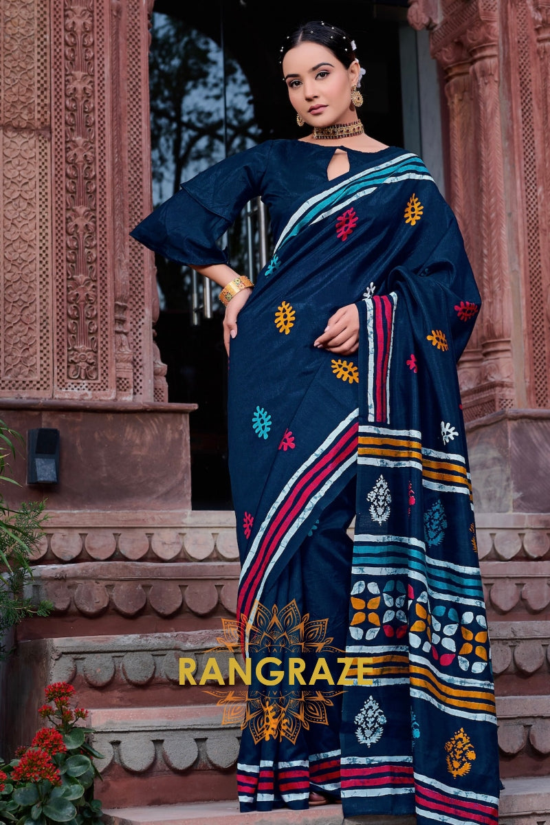 Luxurious Indigo Blue Bhagalpuri Silk Printed Saree