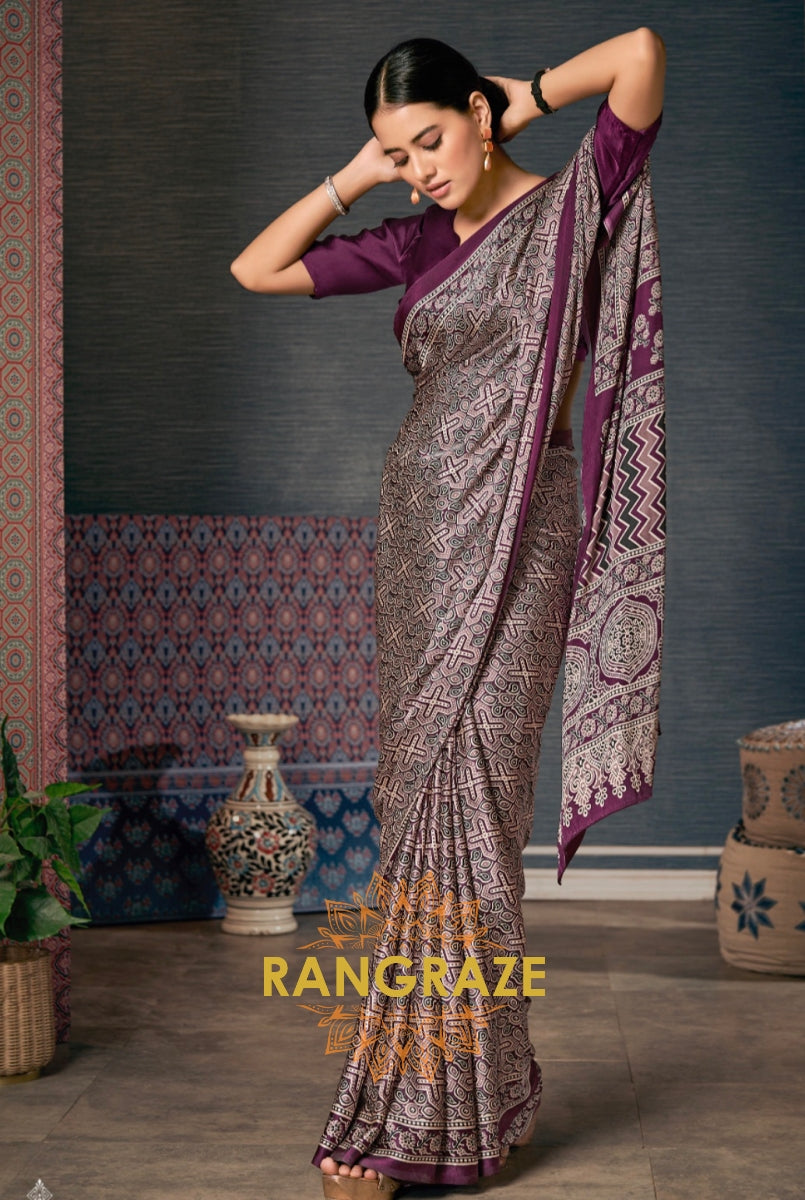 Majestic Rich Wine Purple Satin Silk Ajrakh Print Saree