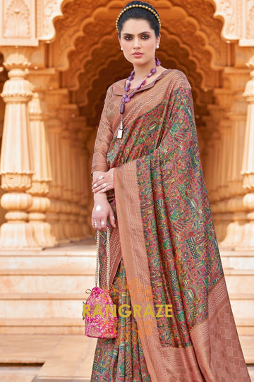 Maroon Pink Bamboo Silk Weaving Printed Saree