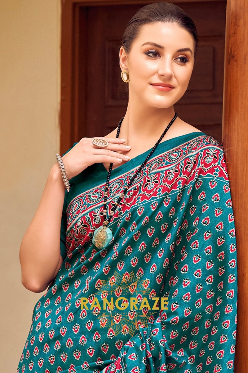 Elegant Turquoise Green Bhagalpuri Silk Printed Saree