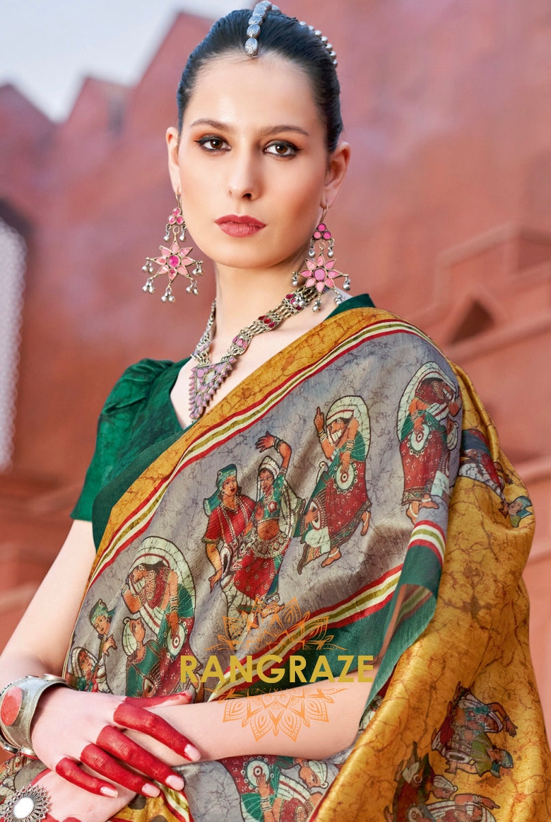 Golden Yellow Tusser Silk Multi Shade Printed Saree