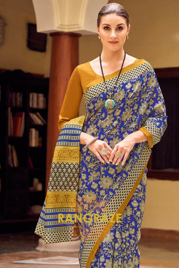 Elegant Golden Blue Bhagalpuri Silk Printed Saree