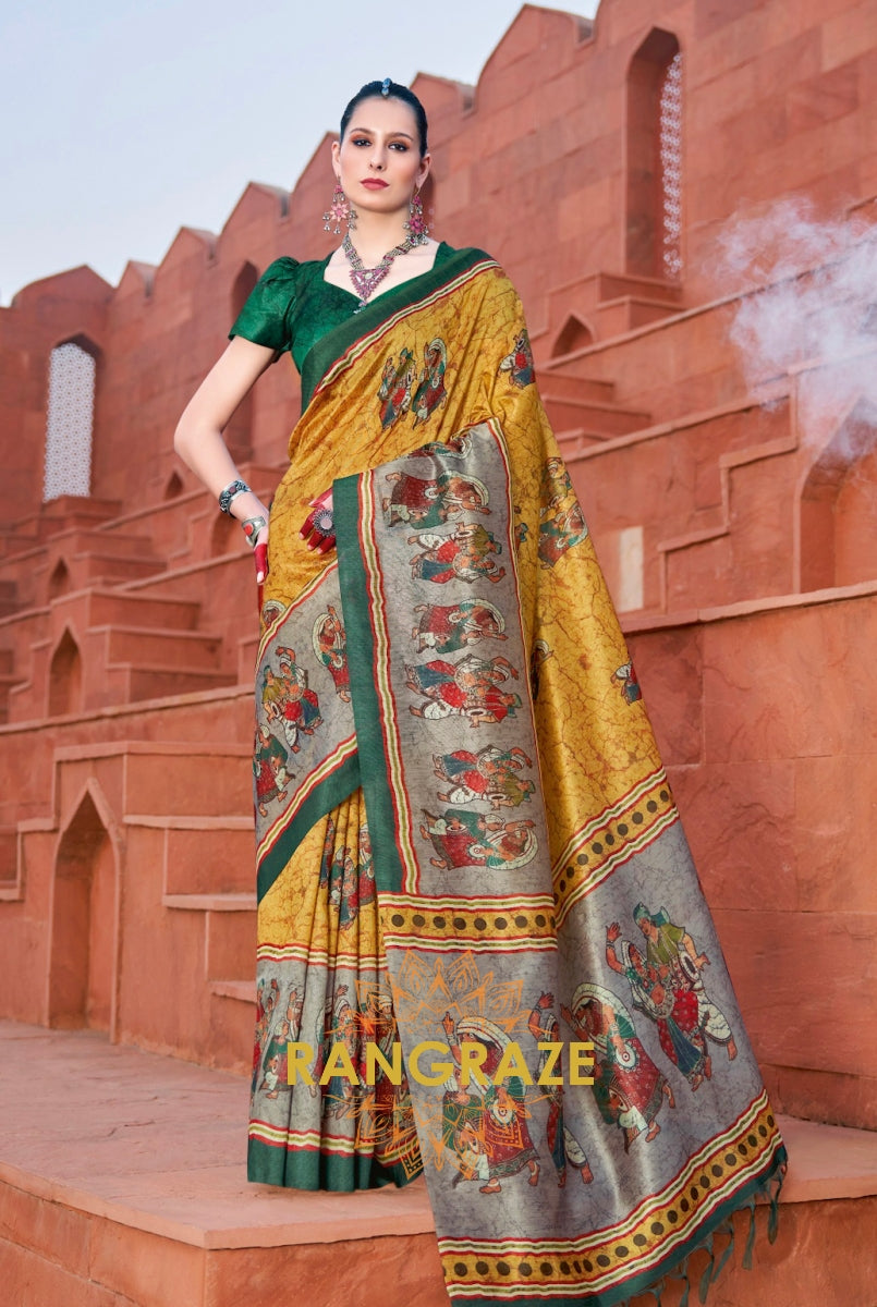 Golden Yellow Tusser Silk Multi Shade Printed Saree