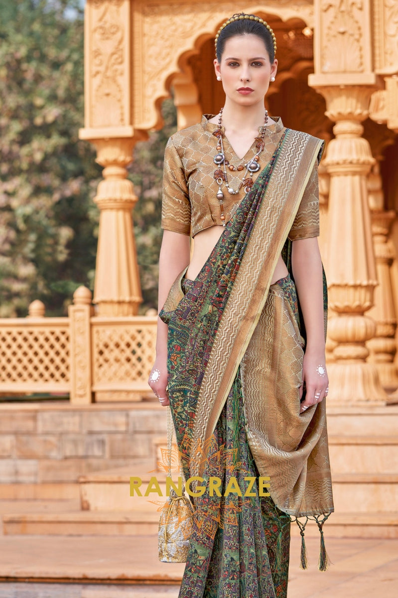 Golden Green Bamboo Silk Weaving Printed Saree