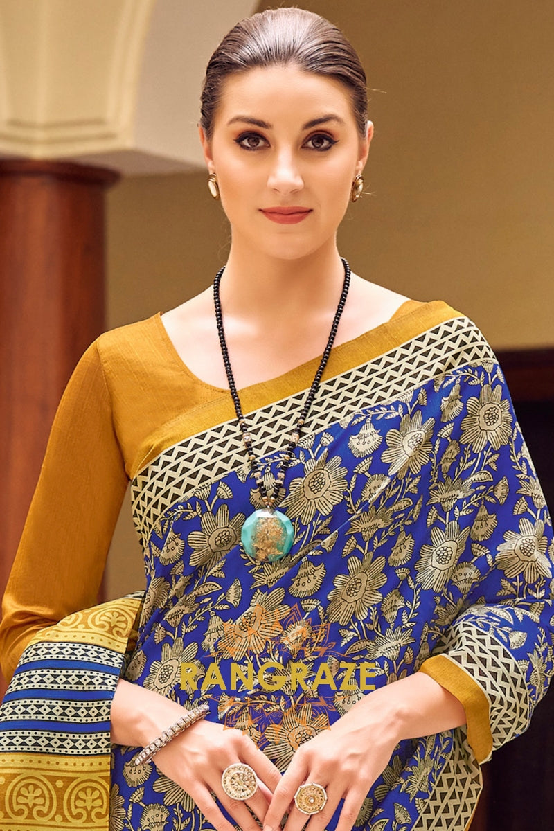 Elegant Golden Blue Bhagalpuri Silk Printed Saree