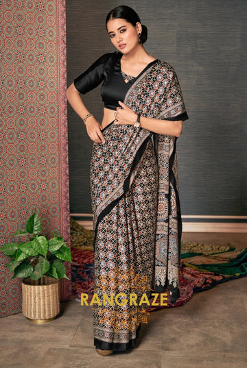 Majestic Black Satin Silk Ajrakh Print Saree