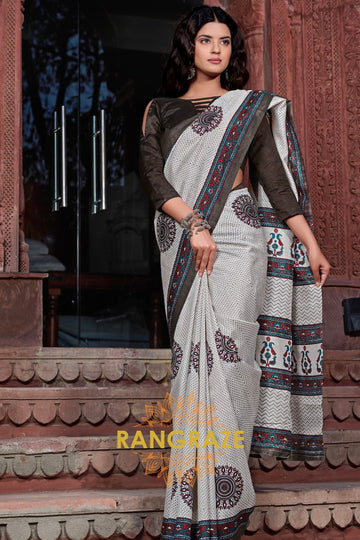 Luxurious Pearl White Bhagalpuri Silk Printed Saree