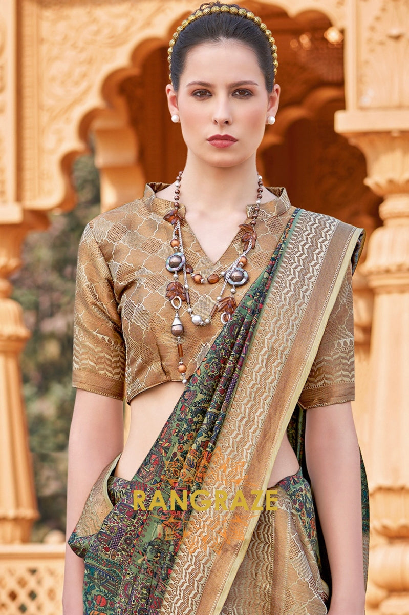 Golden Green Bamboo Silk Weaving Printed Saree