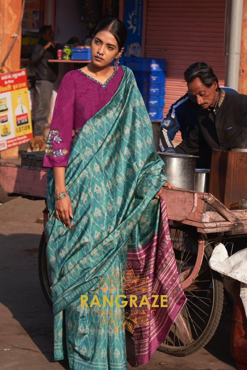 Turquoise Blue Designer Saree With Pink City Theme