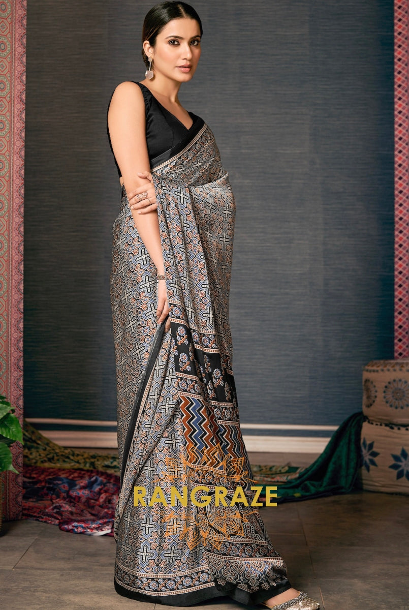 Classic Black Satin Silk Ajrakh Print Saree