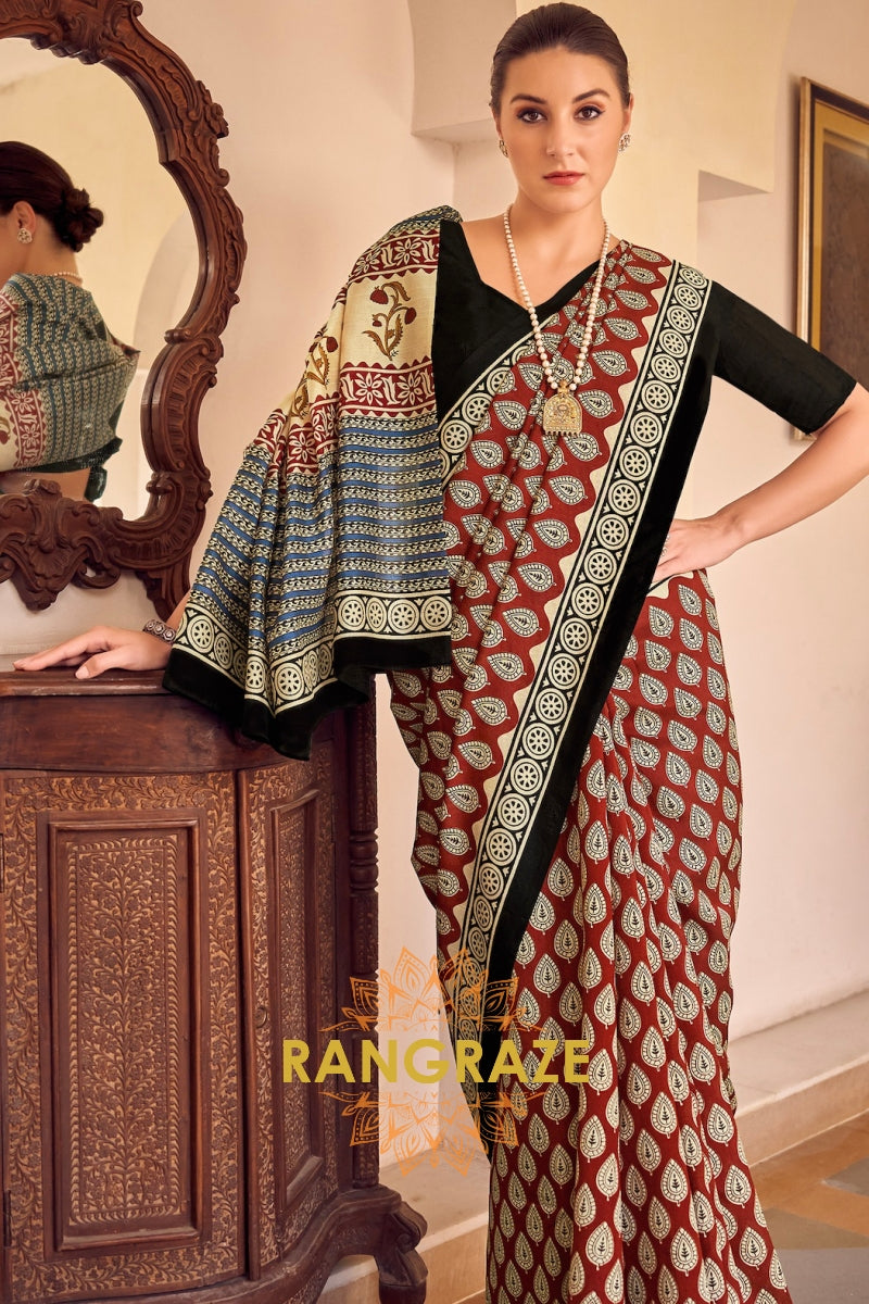 Elegant Maroon Brown Bhagalpuri Silk Printed Saree