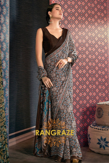 Timeless Brown Satin Silk Ajrakh Print Saree