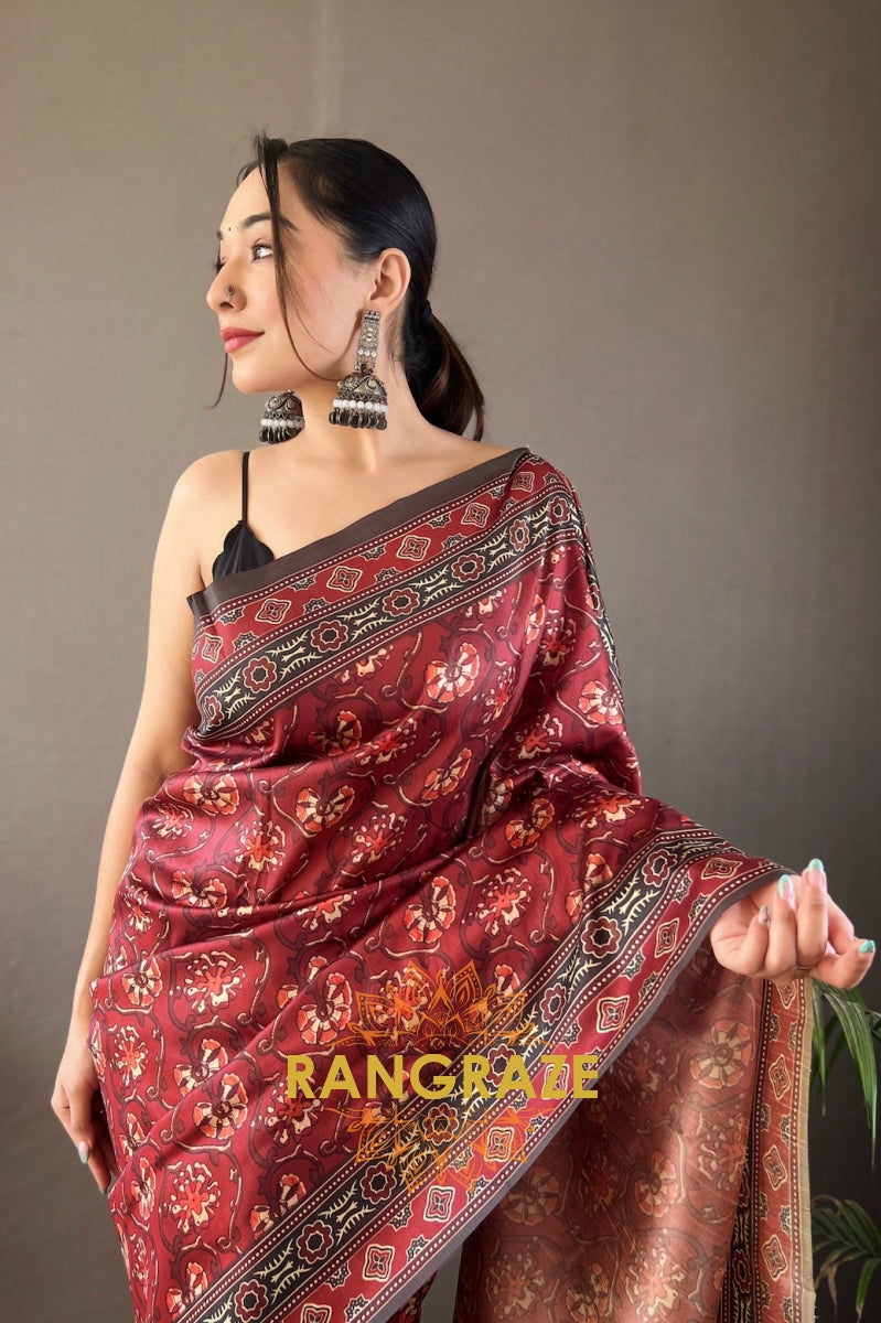 Royal Maroon Floral Digital Print Saree