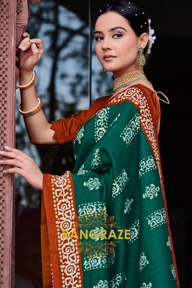 Luxurious Green Printed Bhagalpuri Silk Saree