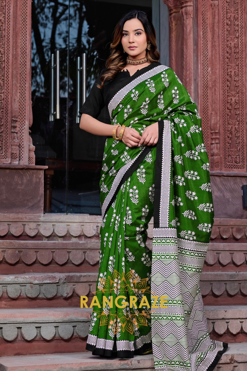 Luxurious Leaf Green Bhagalpuri Silk Printed Saree