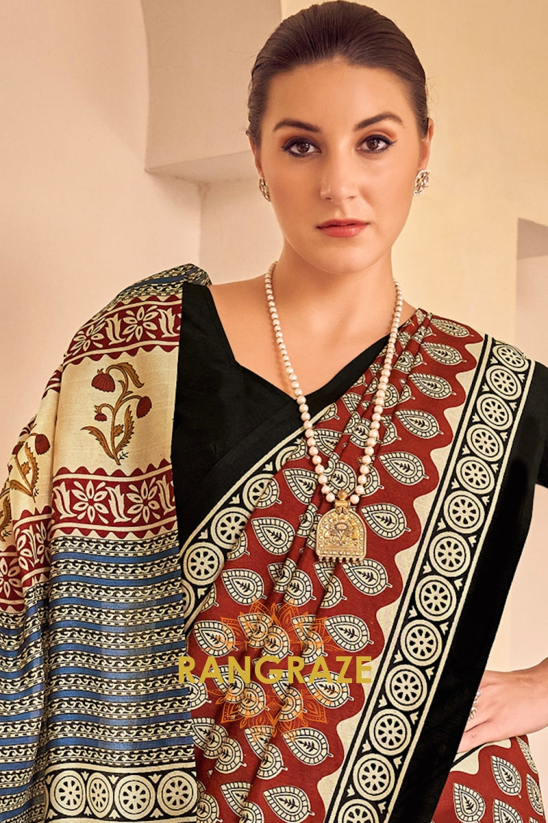 Elegant Maroon Brown Bhagalpuri Silk Printed Saree