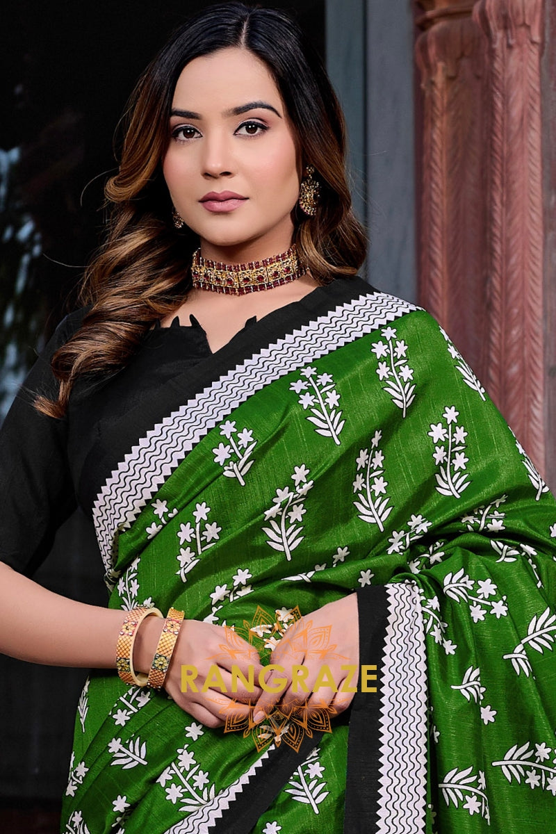 Luxurious Leaf Green Bhagalpuri Silk Printed Saree