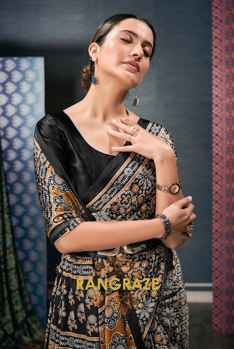 Classic Jet Black Satin Silk Ajrakh Print Saree