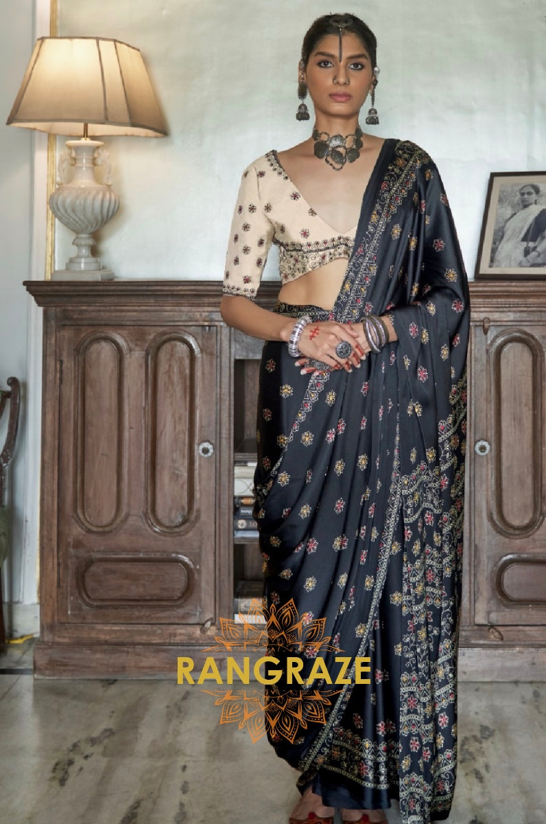 Floral Black Gajji Silk Printed Designer Saree