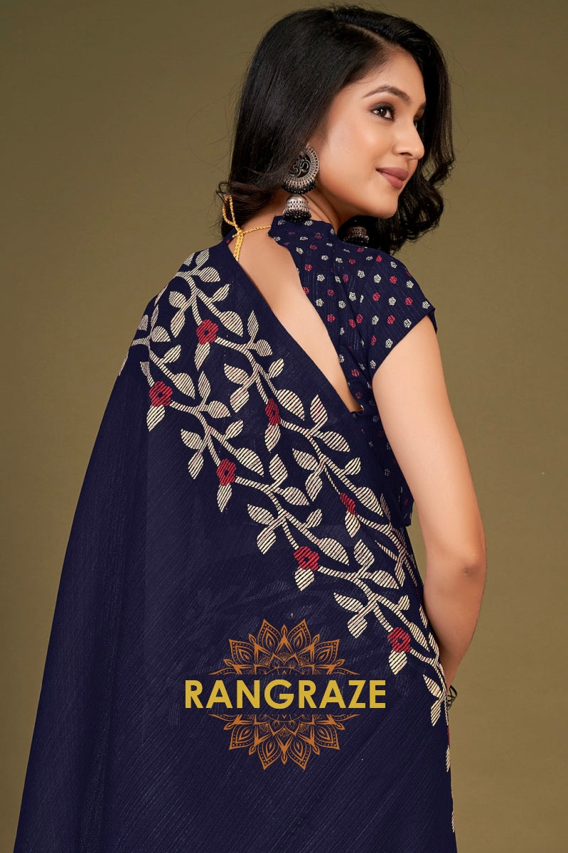 Navy Blue Festive Floral Pattern Silk Saree