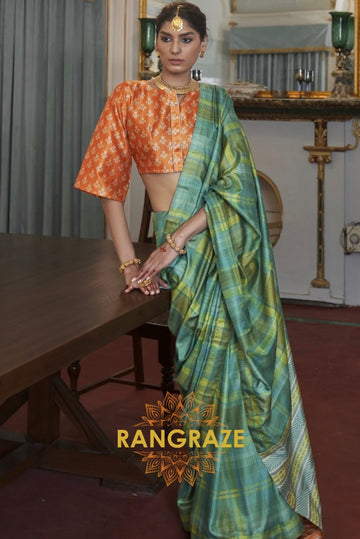 Turquoise Green Modern Banarasi Silk Printed Designer Saree