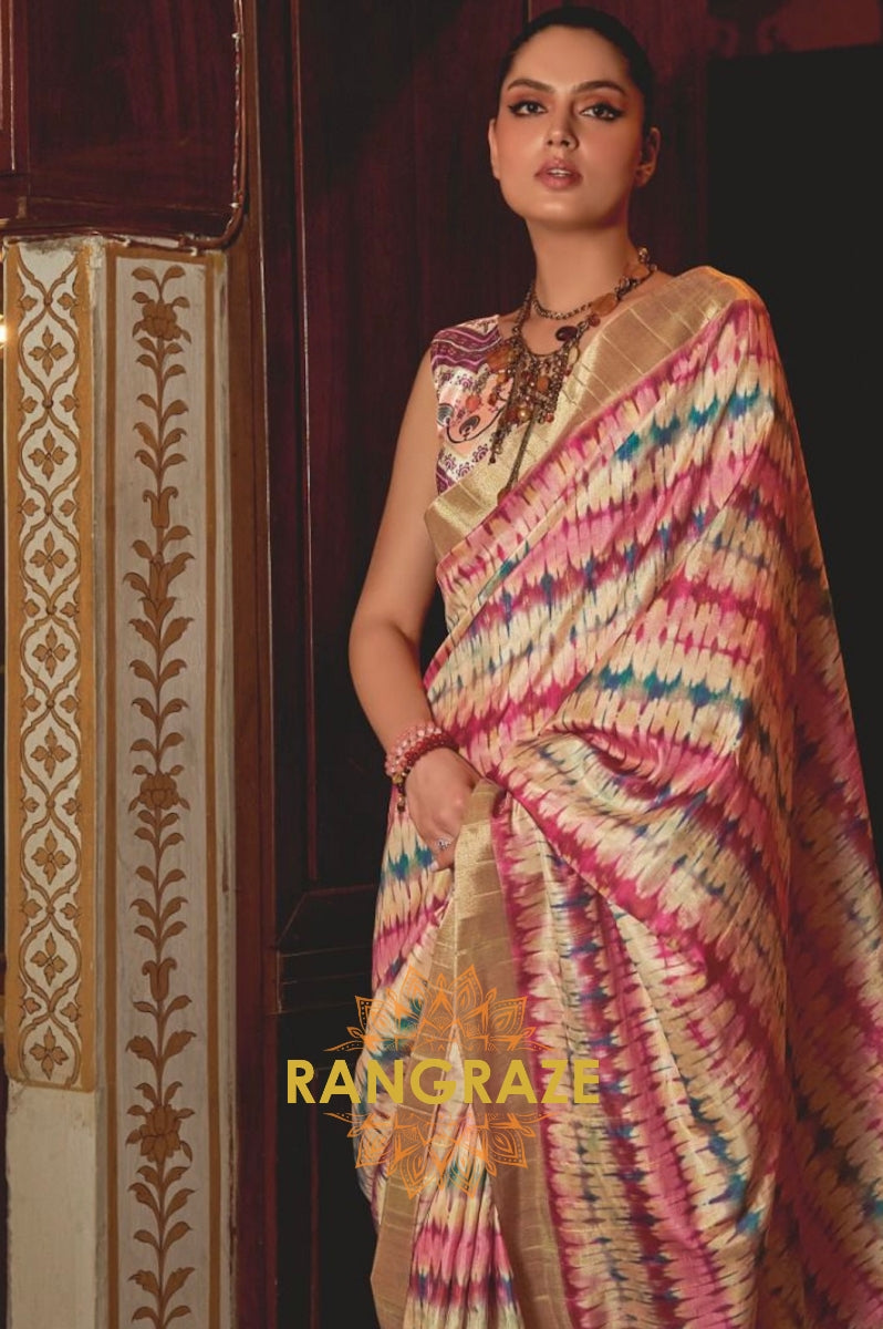 Ivory Cream Multi Shade Kotha Zari Printed Saree