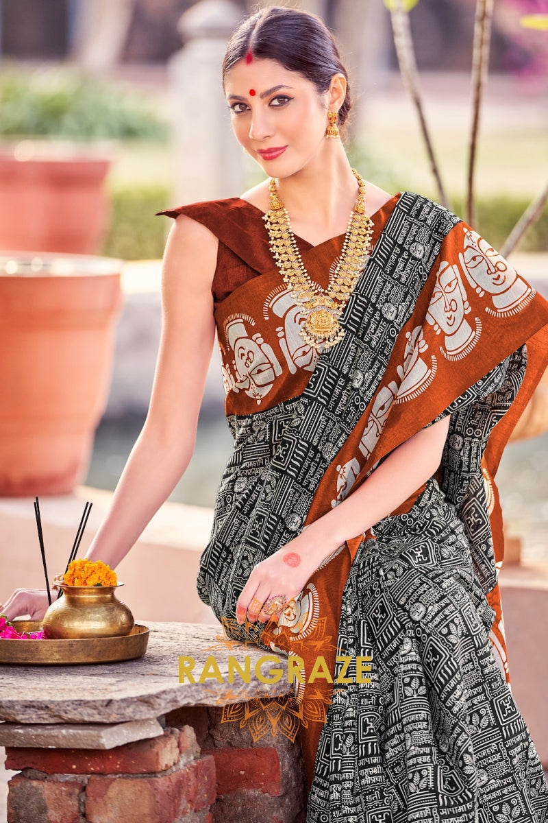 Ethereal Black Bhagalpuri Silk Printed Saree