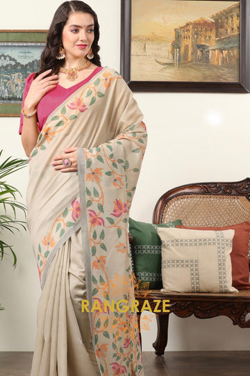 Pink Ivory Cream Kota Chanderi Floral Printed Saree