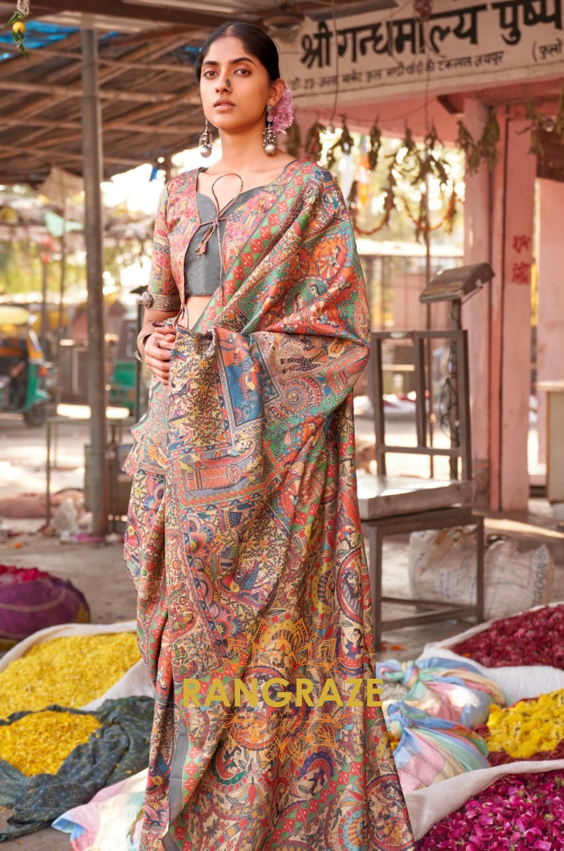 Grey Brown Multi Shade Designer Saree With Flower City Theme