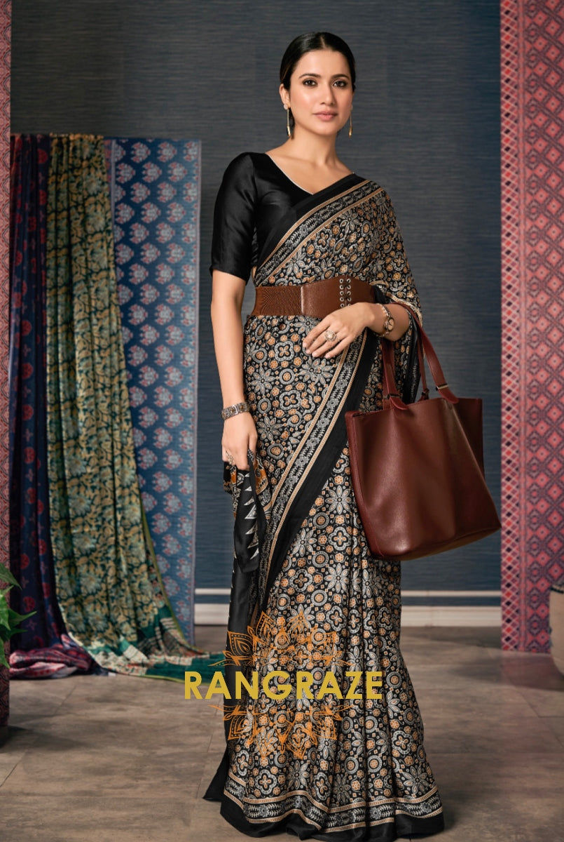 Classic Jet Black Satin Silk Ajrakh Print Saree