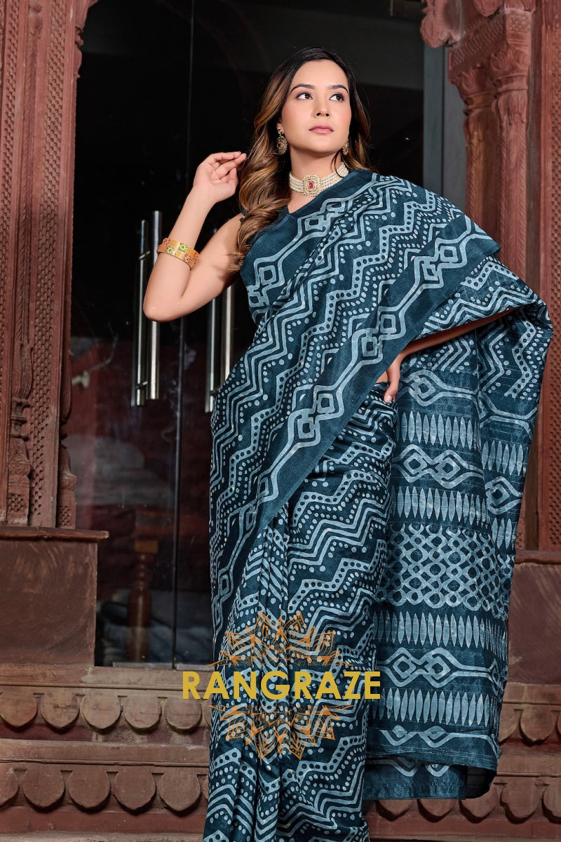 Luxurious Forest Blue Bhagalpuri Silk Printed Saree