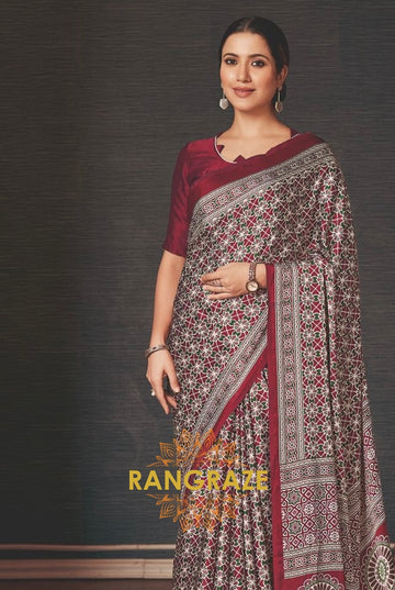 Classic Rich Maroon Satin Silk Ajrakh Print Saree