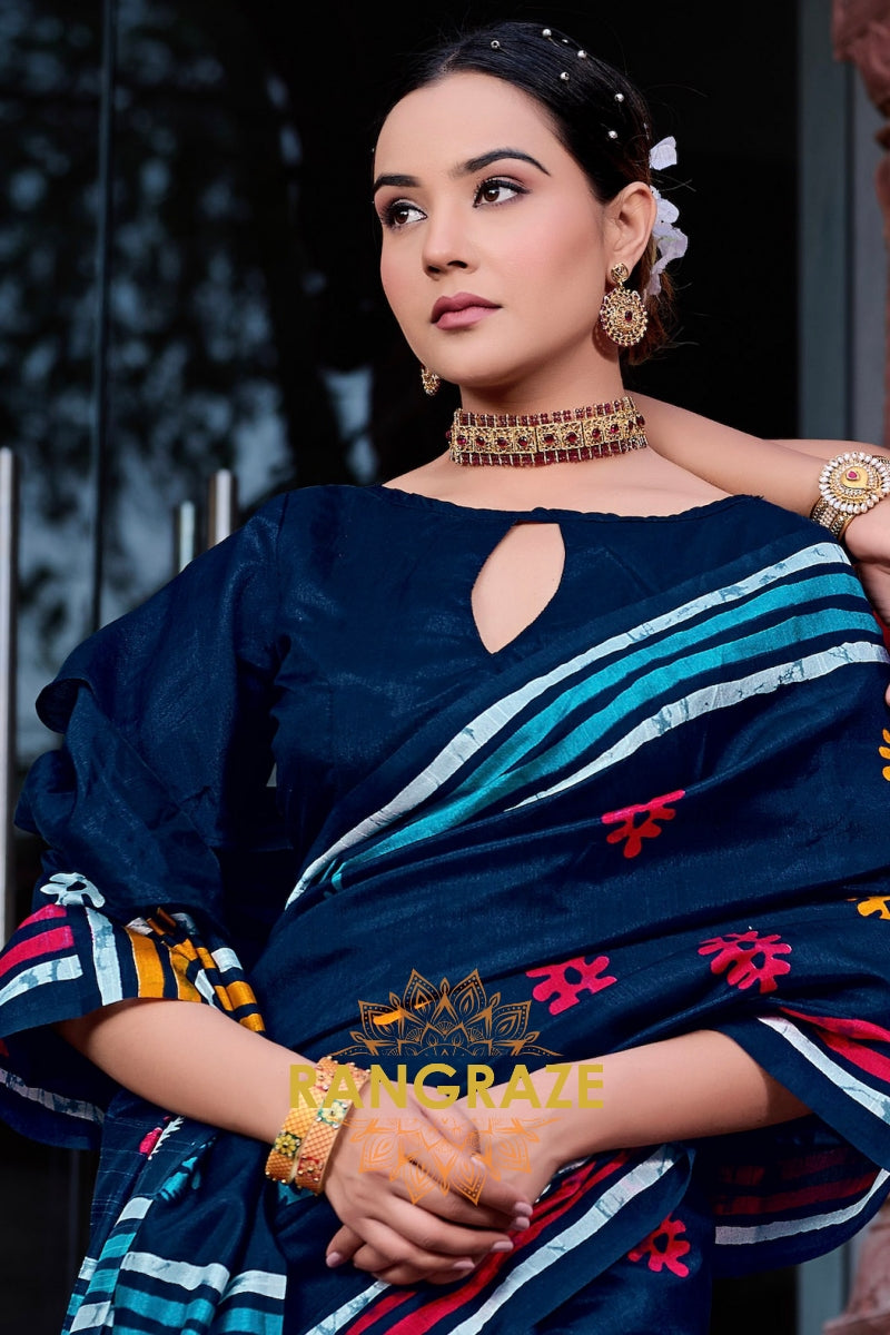 Luxurious Indigo Blue Bhagalpuri Silk Printed Saree