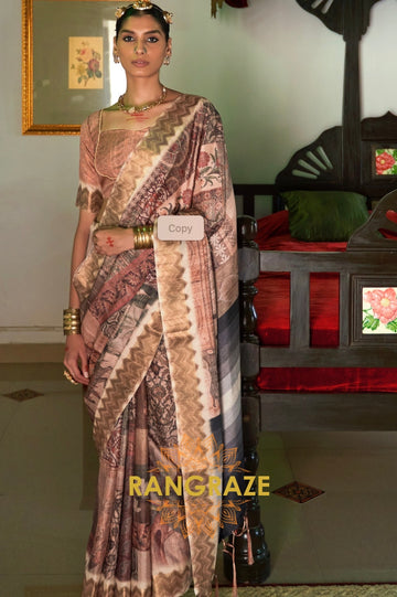 Brown And Purple Printed Designer Silk Saree