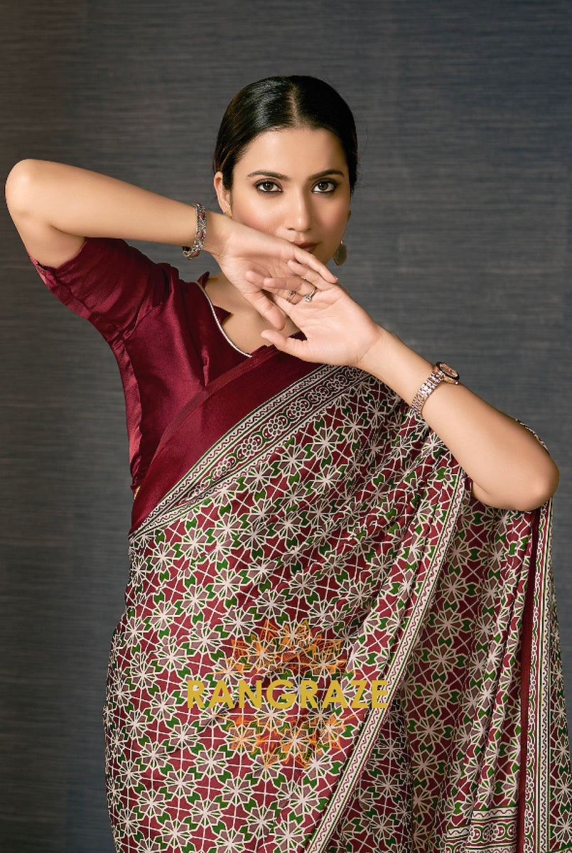 Classic Rich Maroon Satin Silk Ajrakh Print Saree