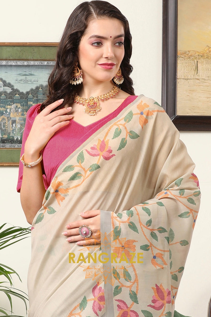 Pink Ivory Cream Kota Chanderi Floral Printed Saree