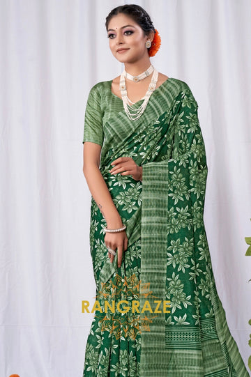 Regal Green Floral Pattern Silk Saree